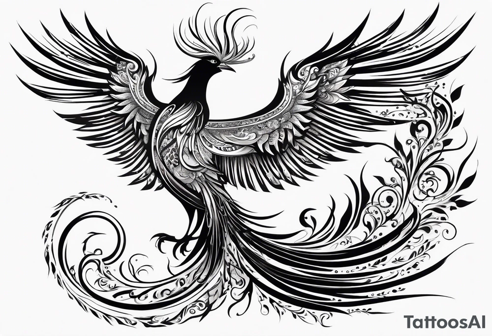 russian firebird phoenix in-flight with very long fancy tail with Yarilo symbol tattoo idea