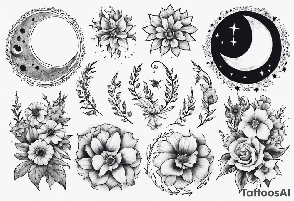 moon with flowers around it tattoo idea