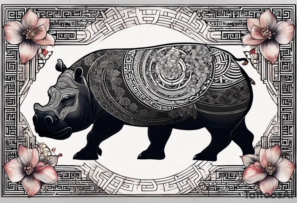 Very asymmetrical, +geometric pattern, with realistic full moon, with seeious looking hippo, +zen feel, + Buddhism touch, +tribal, +geometric, +chinese inkart 
with wintersweet flower bud, +portrait orientation, +inkart touch, tattoo idea