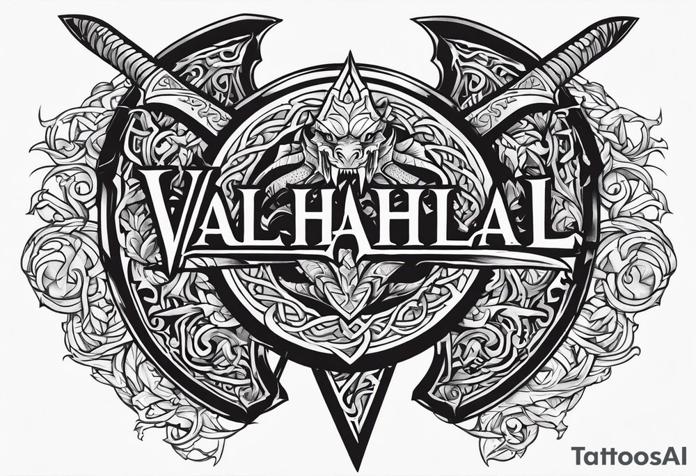 Valhalla sword shield dragon axe tattoo idea