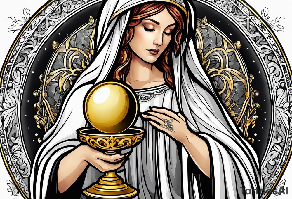holy saint woman turned away with golden halo holding a chalice tattoo idea