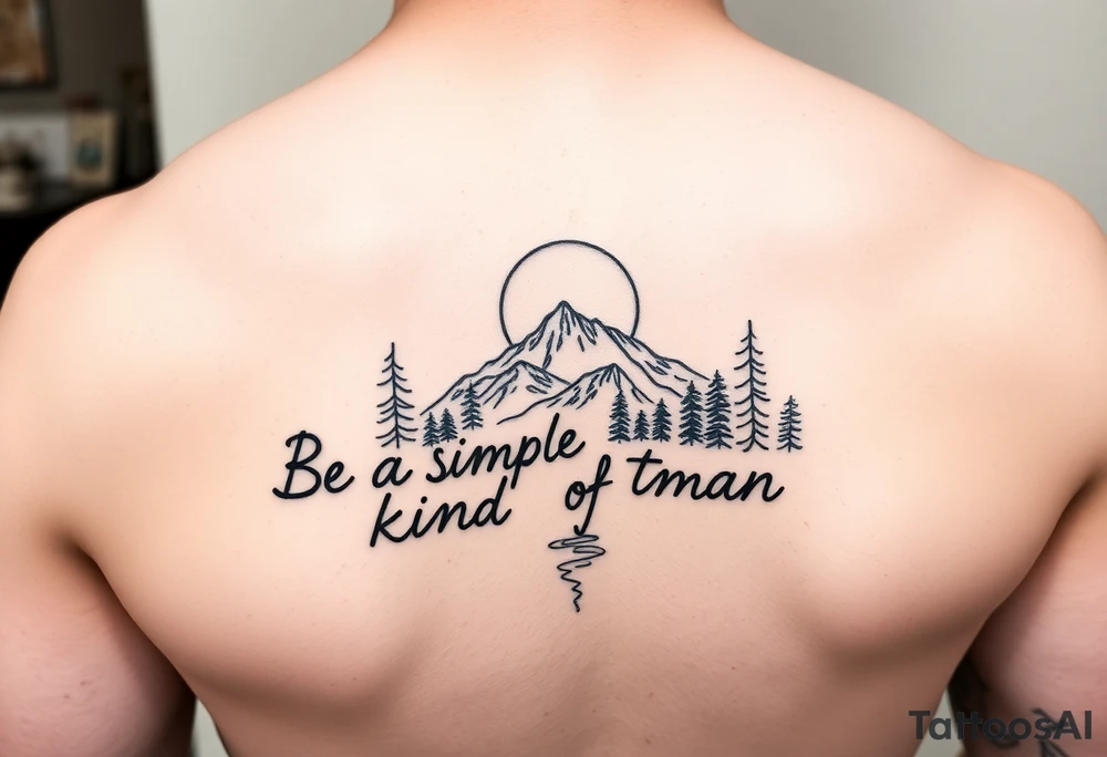 A minimalist tattoo with the words ‘Be a Simple Kind of Man’ in handwritten script, framed by pine trees, mountains, and a rising sun. Evokes peaceful strength and humility. Fine line blackwork for the forearm. Add a sliver of a moon and a river in the forefront. tattoo idea