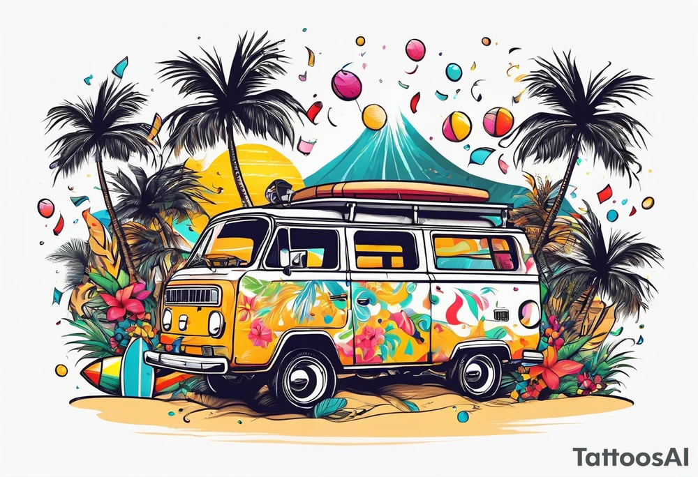 SURFING SAFARI BEACH DANCE 
PARTY WITH CONFETTI AND MUSIC NOTES, TROPICAL DRINKS, SEXY BIKINIS tattoo idea