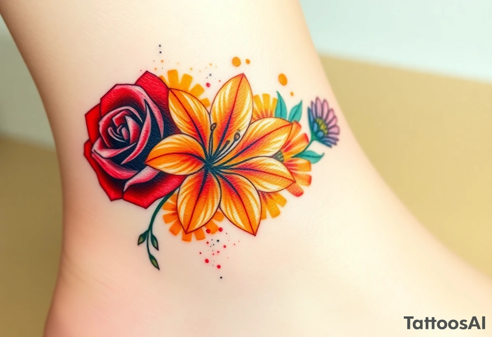 a colorful, vibrant, watercolor tattoo with one red rose, one orange lily, one gold marigold, and one orange cosmos flower and with splashes of color tattoo idea