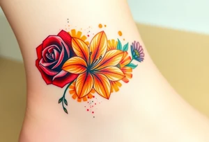 a colorful, vibrant, watercolor tattoo with one red rose, one orange lily, one gold marigold, and one orange cosmos flower and with splashes of color tattoo idea