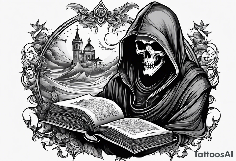 grim reaper reading books tattoo idea