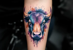 Watercolor Bull – A bold bull head painted in splashes of dark blue, purple, and brown, with watercolor drips and abstract lines forming its fierce expression. tattoo idea