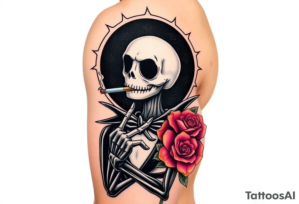 jack skellington smoking a blunt, with a halo over head, roses, jackolanters tattoo idea