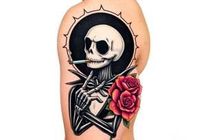 jack skellington smoking a blunt, with a halo over head, roses, jackolanters tattoo idea