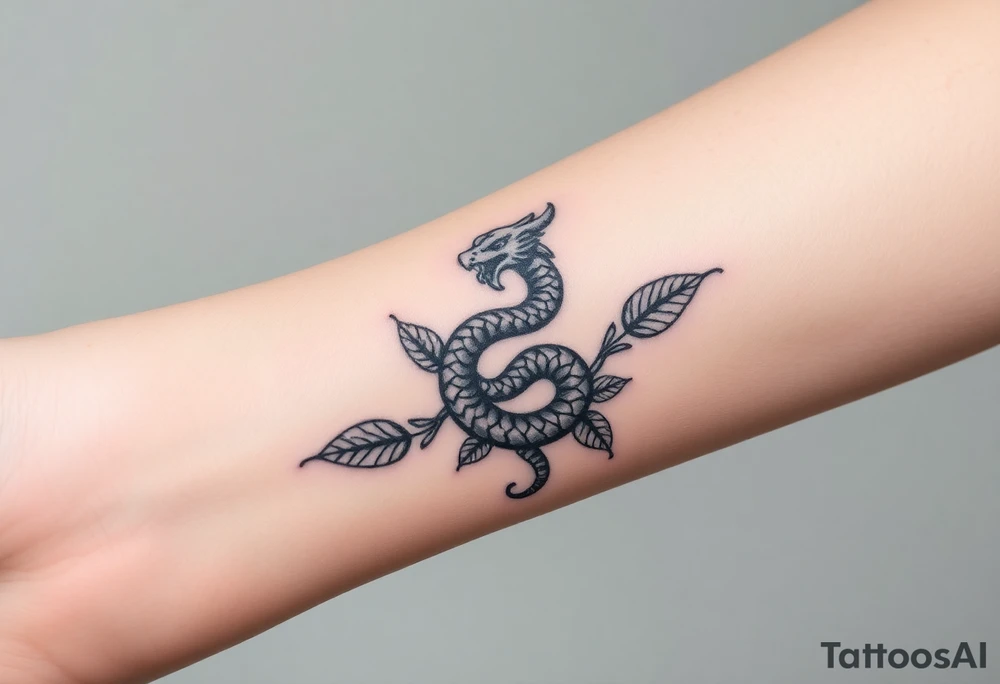 Mythical serpent wrapped in leaves tattoo idea