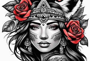 Aztec woman wrapped in roses with a wolf tattoo idea