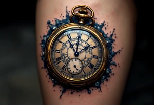 A metallic pocket watch frozen at the wedding time, reflecting deep brass gold and royal navy blue, giving an antique effect. tattoo idea