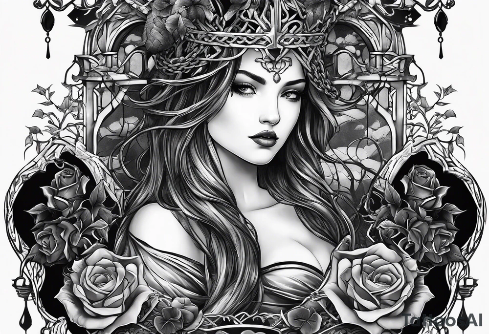 tattoo fool sleeve, tree roots break out of the chains, broken mask, girl, roses, medieval, dark castle tattoo idea