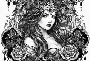 tattoo fool sleeve, tree roots break out of the chains, broken mask, girl, roses, medieval, dark castle tattoo idea