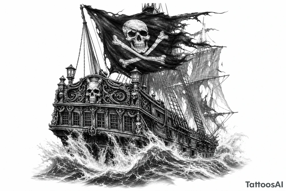 Detailed pirate ship stern, waves crashing over deck, tattered Jolly Roger flag. tattoo idea