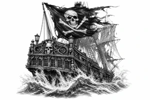 Detailed pirate ship stern, waves crashing over deck, tattered Jolly Roger flag. tattoo idea