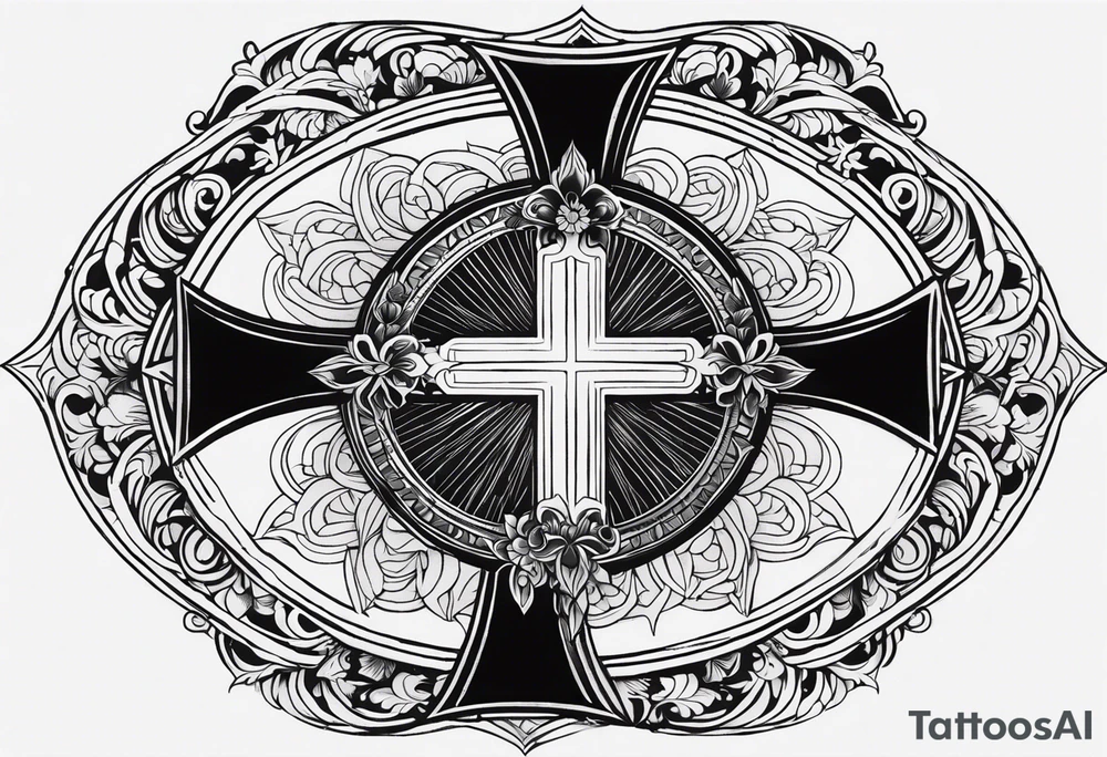 Tattoo: A refined cross with a soft halo on top of it, symbolizing light and spirituality. Delicate rays extend outward from the halo, adding a subtle glow and depth. The cross itself is simple and elegant, with potential for small, intricate line details within the design. tattoo idea