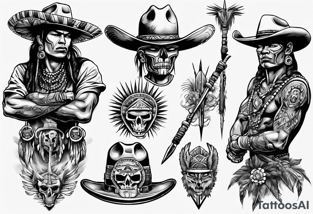 aztec with cowboy hat holding a spear tattoo idea