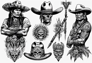 aztec with cowboy hat holding a spear tattoo idea