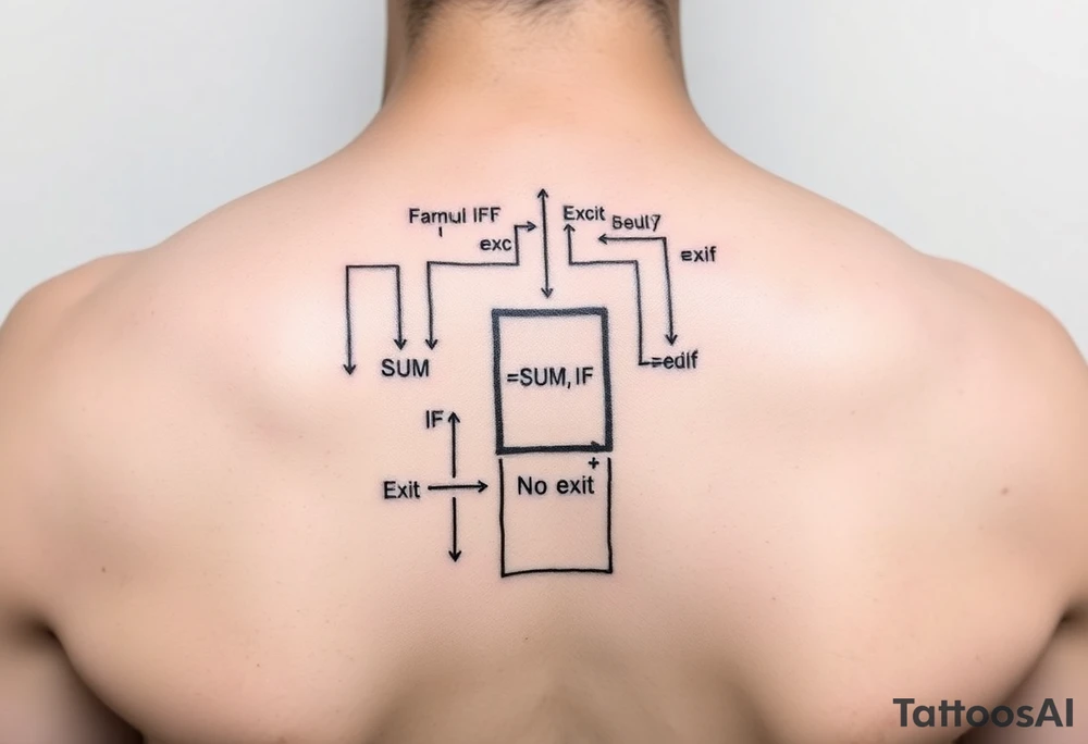 "Rat maze tattoo made of Excel formulas (=SUM, =IF). Exit door says 'No Exit' in Calibri font. Black ink, schematic style." tattoo idea
