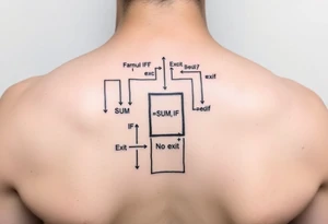 "Rat maze tattoo made of Excel formulas (=SUM, =IF). Exit door says 'No Exit' in Calibri font. Black ink, schematic style." tattoo idea