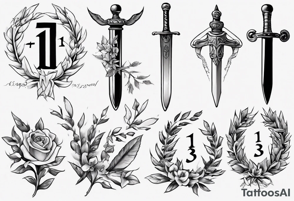memorial tattoo using number 13, a sword, laurel leaf wreath, amor fati tattoo idea