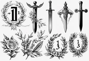 memorial tattoo using number 13, a sword, laurel leaf wreath, amor fati tattoo idea