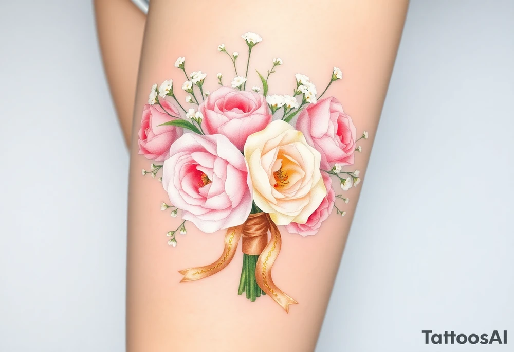 A delicate, hand-tied bouquet of roses, peonies, and baby’s breath, with soft pink, ivory, and pastel peach petals. The stems are wrapped in a silk ribbon with golden embroidery, flowing gently in the wind. Subtle watercolor shading creates a dreamy, romantic feel. tattoo idea