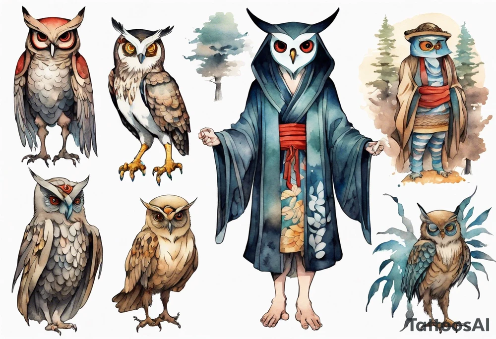 creature in an ancient robe wearing an owl mask walking in a forest with long thin legs, the feet of a bird, and wings instead of arms tattoo idea