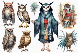 creature in an ancient robe wearing an owl mask walking in a forest with long thin legs, the feet of a bird, and wings instead of arms tattoo idea