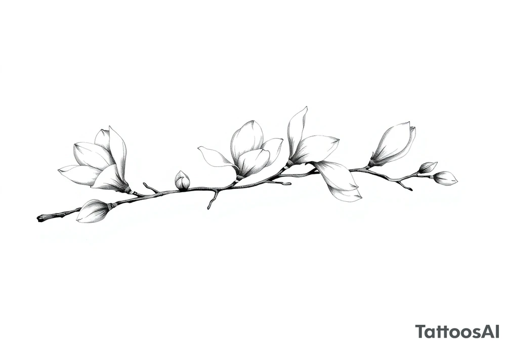 Magnolia branch long with different half opened flowers, botanical details tattoo idea