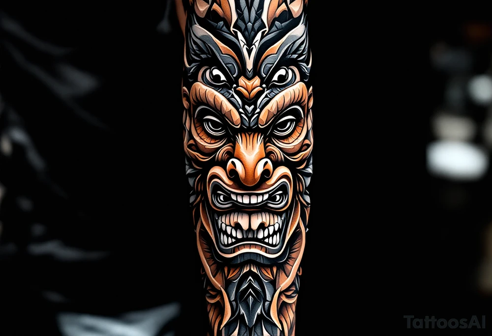 A black and brown totem pole with stacked animal faces carved into bark-like texture. tattoo idea