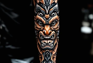 A black and brown totem pole with stacked animal faces carved into bark-like texture. tattoo idea