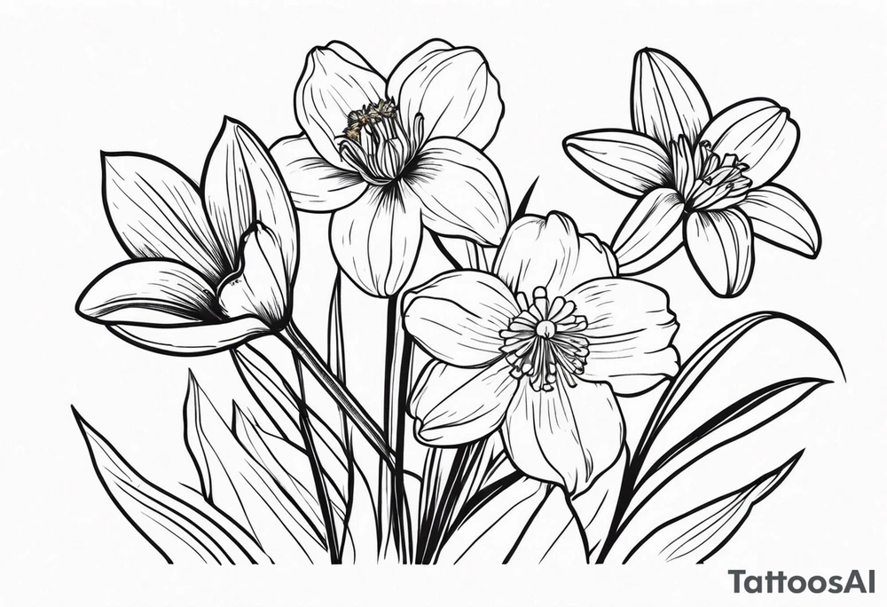 bouquet of flowers containing one lily, one daisy, one daffodil, and one narcissus. tattoo idea