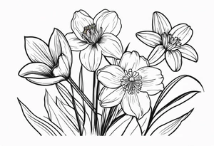 bouquet of flowers containing one lily, one daisy, one daffodil, and one narcissus. tattoo idea