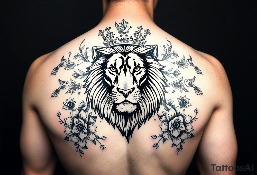 powerful majestic lion with a crown, surrounded by floral ornaments and birds tattoo idea