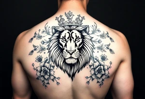 powerful majestic lion with a crown, surrounded by floral ornaments and birds tattoo idea