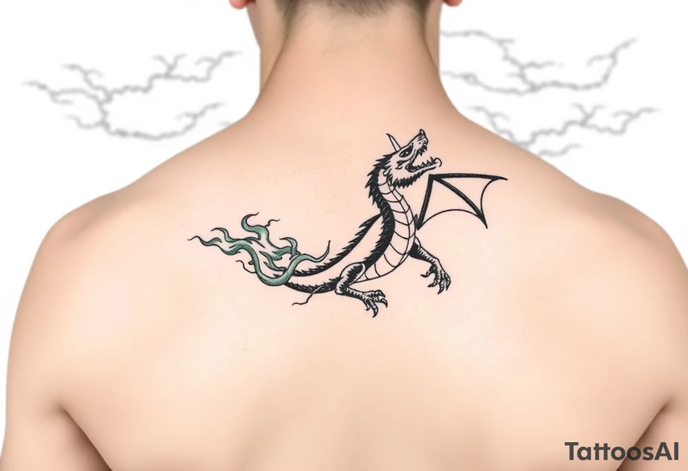 fierce dragon breathing iridescent fire against stormy skies tattoo idea
