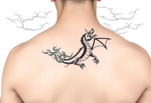 fierce dragon breathing iridescent fire against stormy skies tattoo idea
