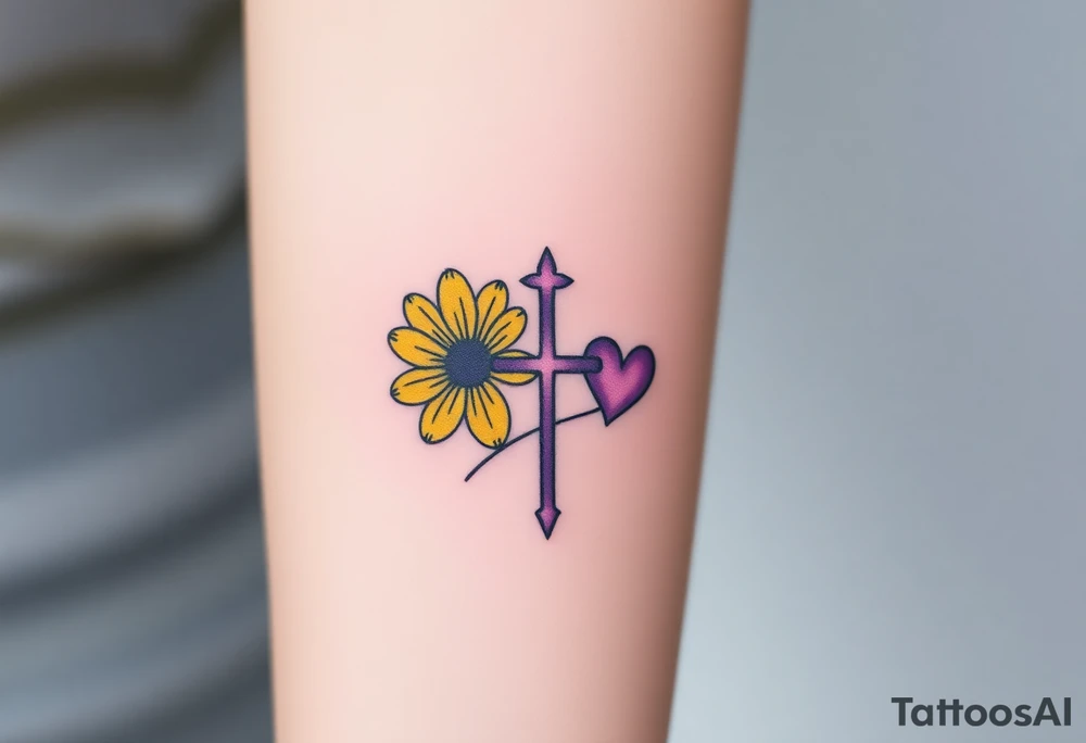 Simple yellow daisy with Purple Hearts & cross tattoo idea