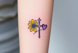 Simple yellow daisy with Purple Hearts & cross tattoo idea