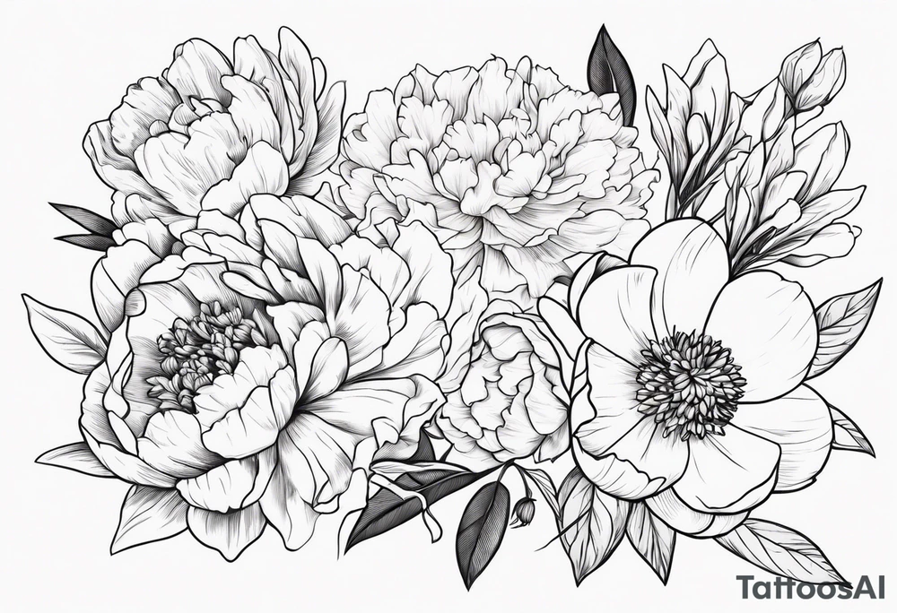 8 flowers peony, carnation, daffodil, daphne, dahlia, desiree, daisy and rose bouquet tattoo idea