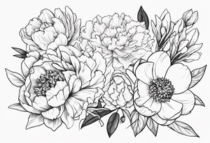 8 flowers peony, carnation, daffodil, daphne, dahlia, desiree, daisy and rose bouquet tattoo idea