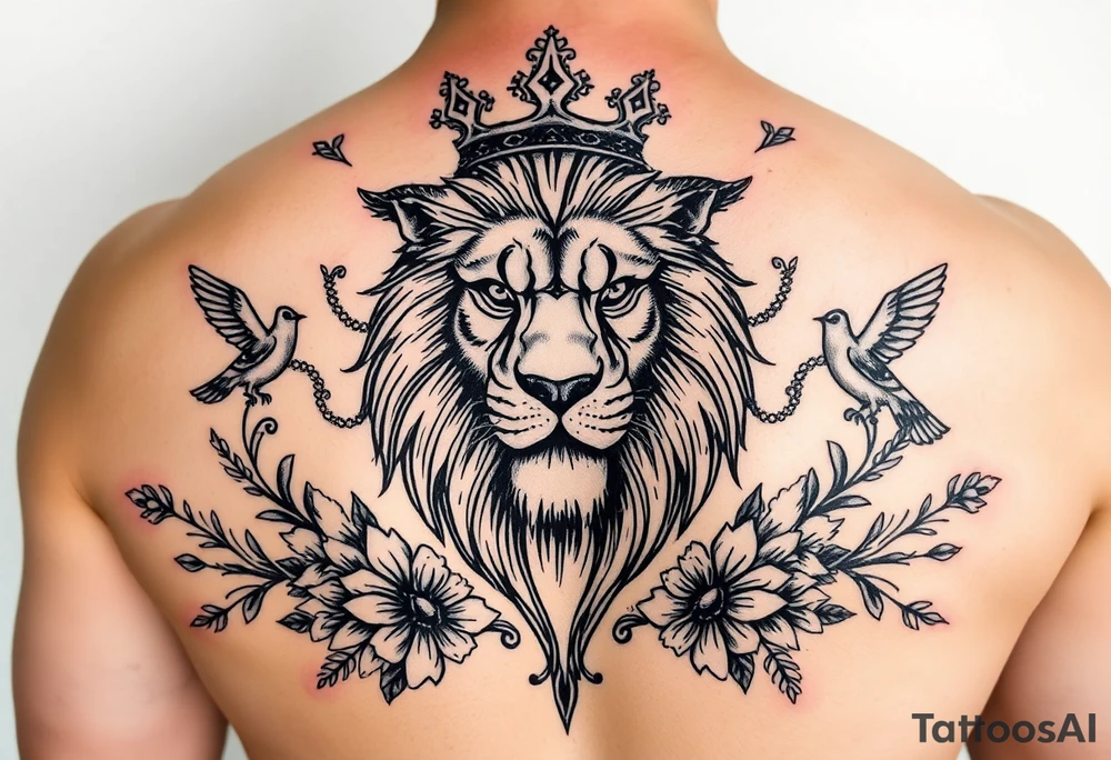 powerful majestic lion with a crown, surrounded by floral ornaments and birds tattoo idea