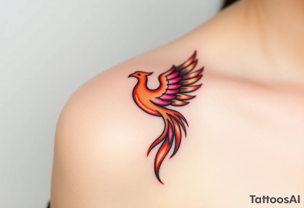 Phoenix rising from the ashes with the colors red, pink, orange and purple. Size 3 cm wide and 5 cm high tattoo idea