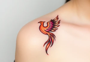 Phoenix rising from the ashes with the colors red, pink, orange and purple. Size 3 cm wide and 5 cm high tattoo idea