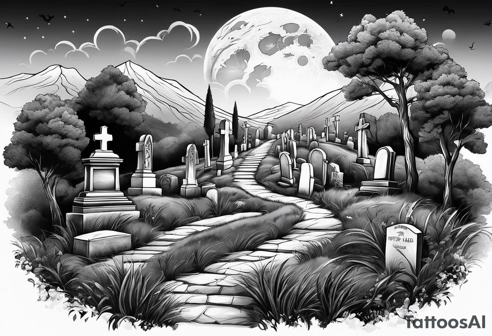 Cemetery on hills with smoke and moon tattoo idea