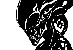 A realistic silhouette stencil style drawing of an alien tattoo idea