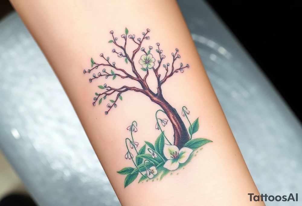 Lilly of the vally bell plants on the ground underneath a blooming hawthorn tree tattoo idea