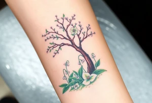 Lilly of the vally bell plants on the ground underneath a blooming hawthorn tree tattoo idea